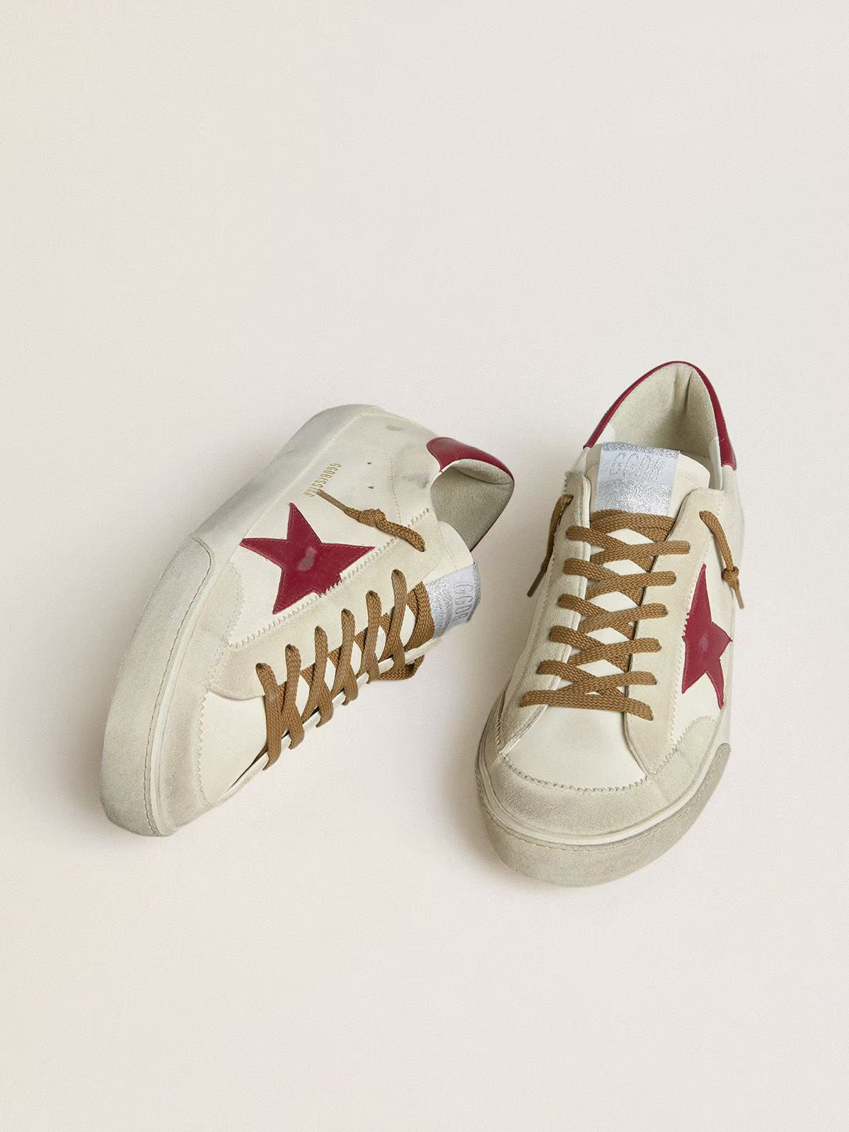 Golden Goose Super-Star with red leather star and beige suede inserts
